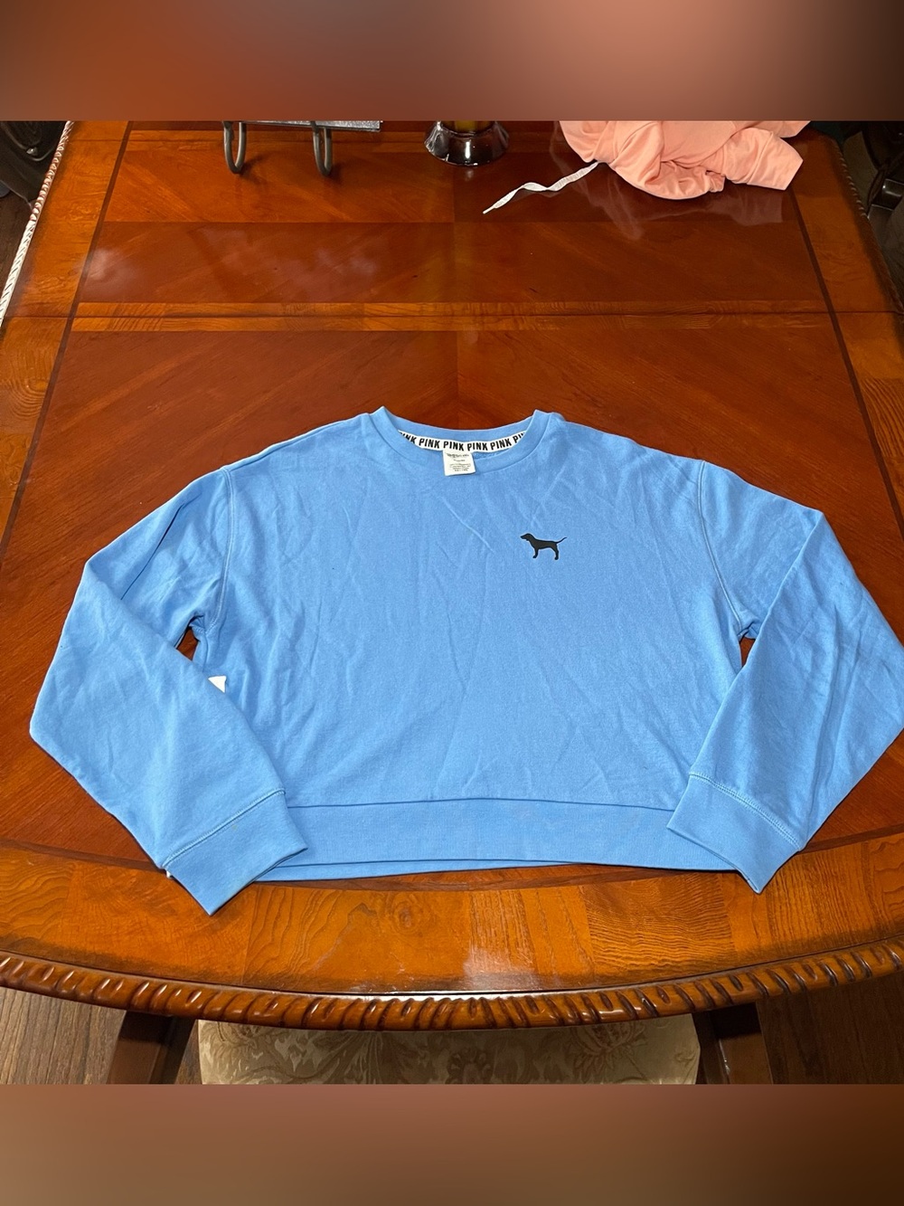 PINK Victoria's Secret Light Blue Cropped Crewneck Sweater - Dog Logo